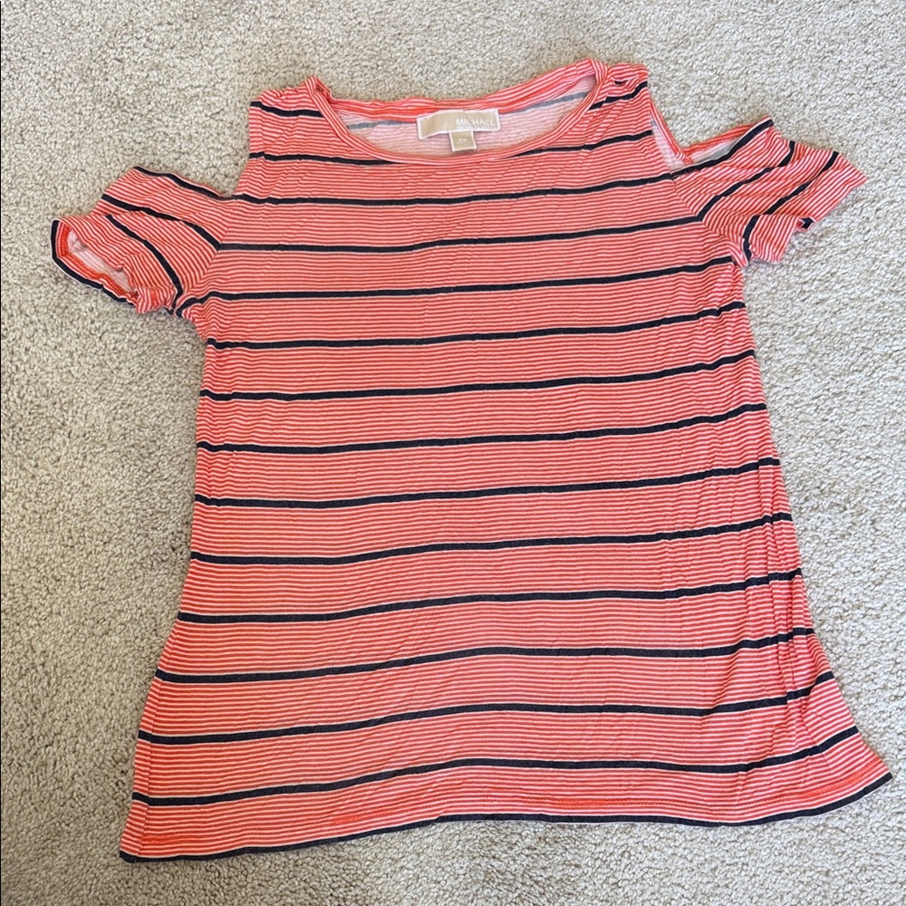 Michael Kors Orange and Navy Striped Cold-Shoulder Tee